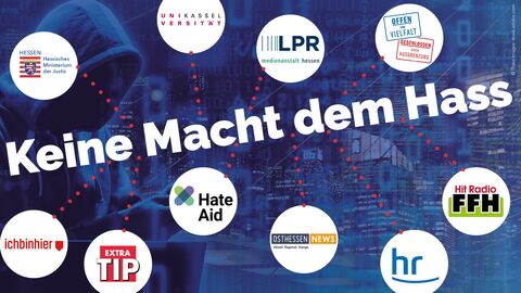 Logos der Kooperationspartner #KeineMachtdemHass Logos der Kooperationspartner #KeineMachtdemHass vor dunkelblauem Hintergrund